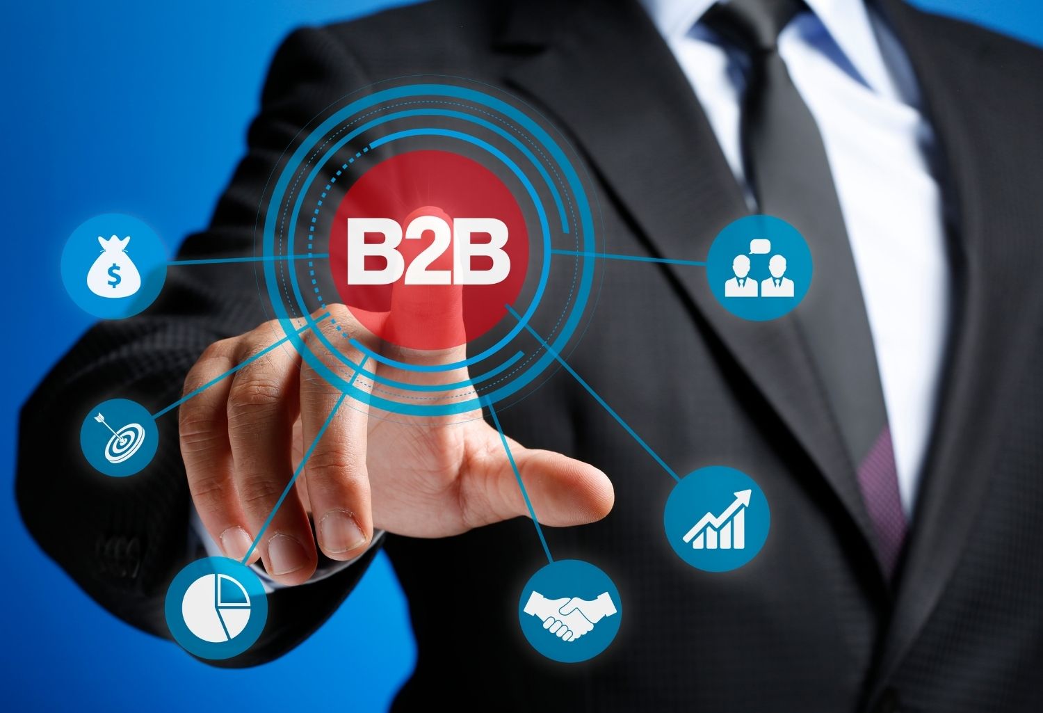 A suited man point touching a big red b2b button with Icons representing money, growth, and prosperity extruding outside of it. A representation of Debt Recovery for B2B.